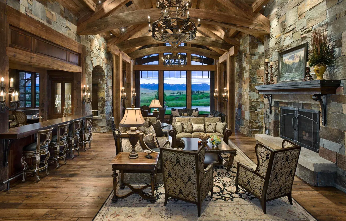 Photo wallpaper design, style, Villa, interior, fireplace, Montana, living room, dining room