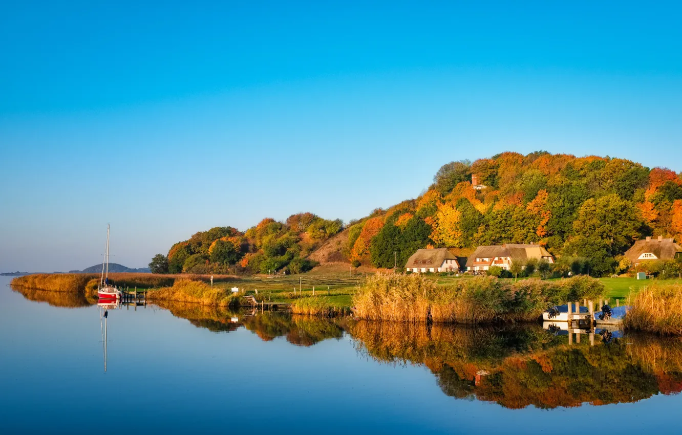 Photo wallpaper autumn, reflection, shore, boat, hill, houses, pond, Geramny