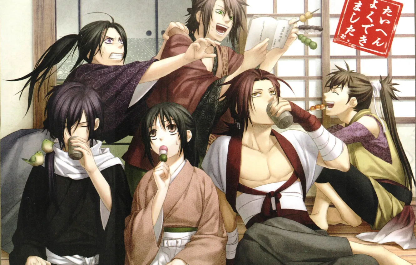 Photo wallpaper emotions, each, stay, guy, kimono, Yukimura Chizuru, Okita Souji, Saitou Hajime