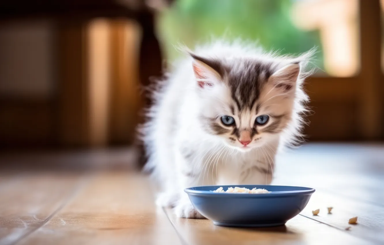 Photo wallpaper cat, look, pose, grey, floor, bowl, kitty, face