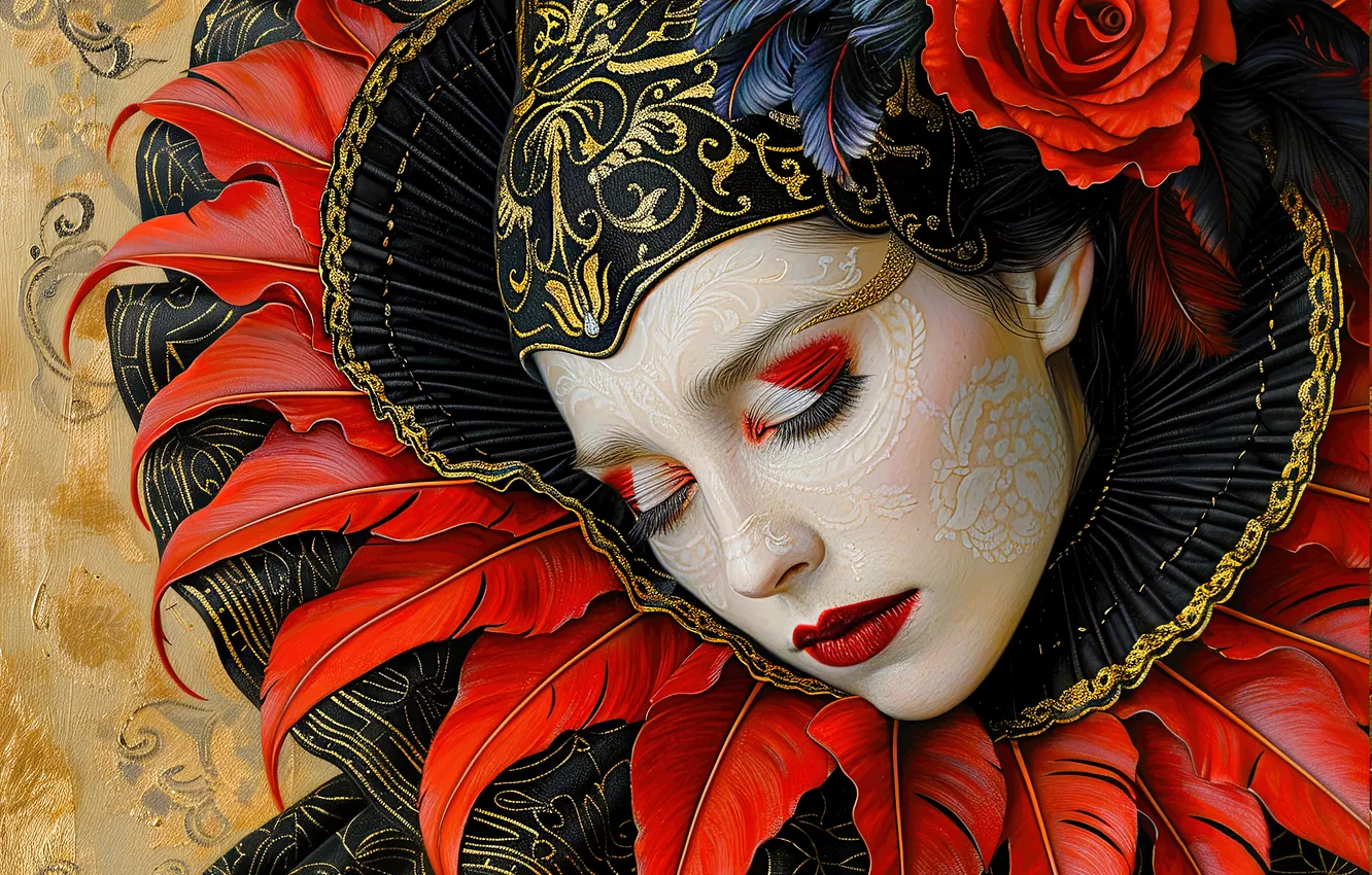 Photo wallpaper girl, decoration, face, eyelashes, style, pattern, portrait, roses