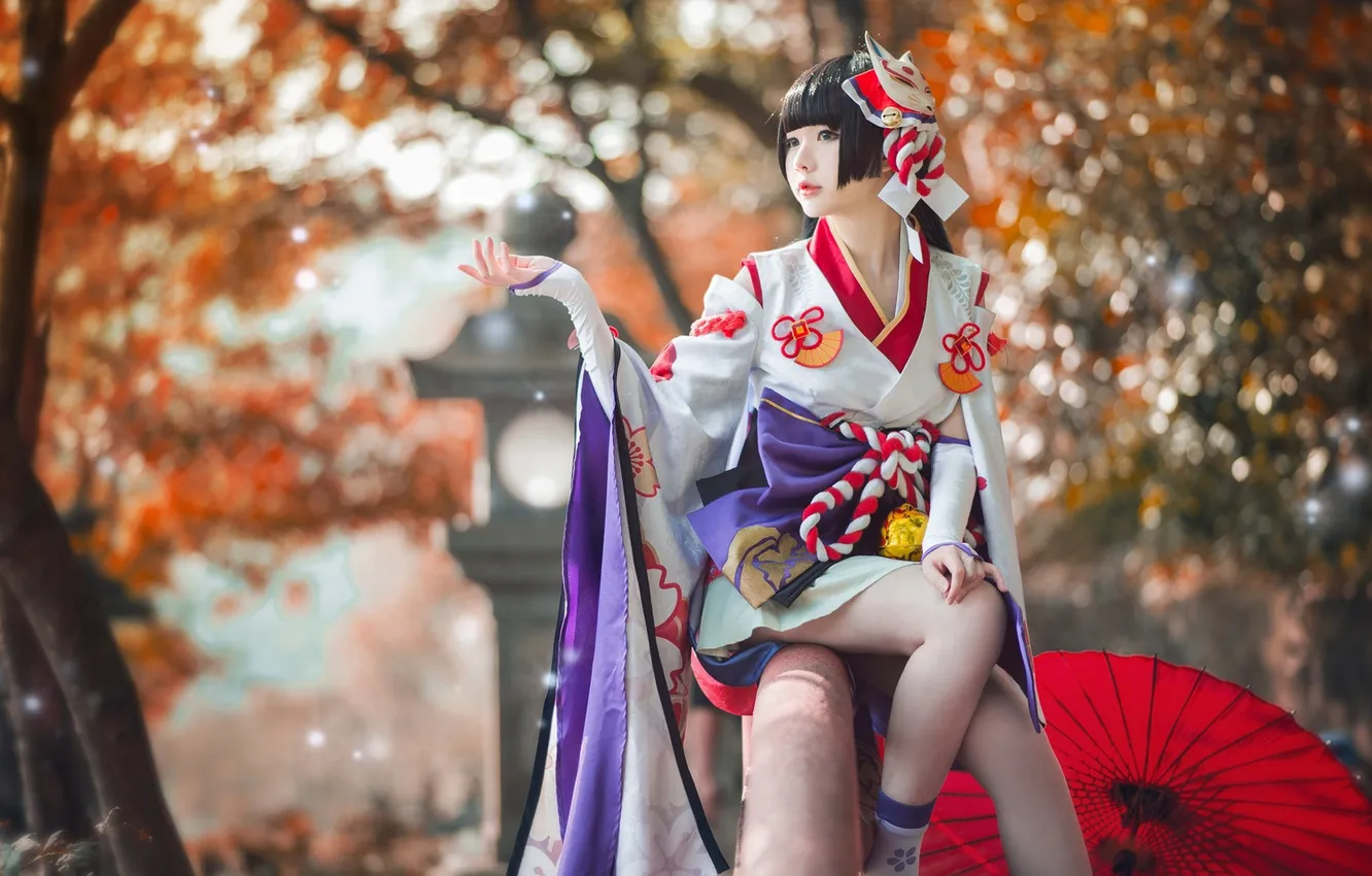 Photo wallpaper umbrella, autumn, pose, kimono, Japanese girl