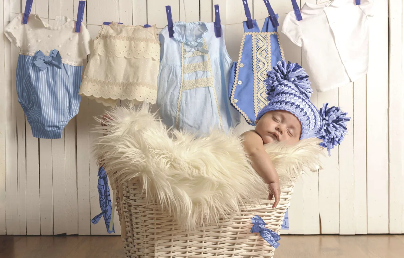 Photo wallpaper basket, hat, boy, baby, sleeping, fur