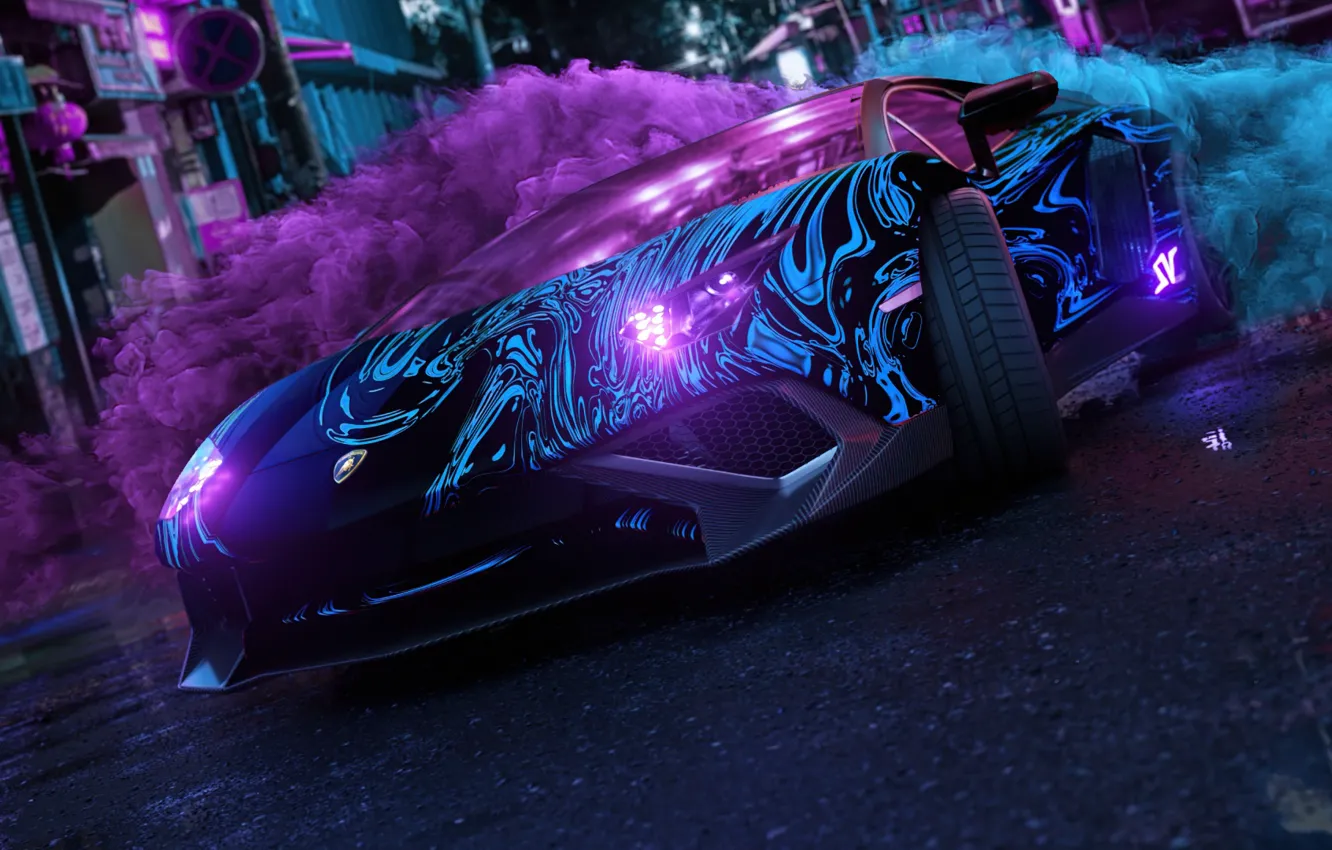 Photo wallpaper city, widescreen, Lamborghini, auto, smoke, brands, night, Transport