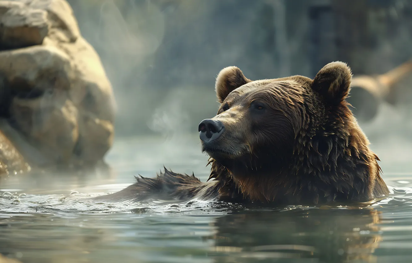 Photo wallpaper Water, Bear, Face, Predator, River, Digital art, Ears, Brown bear