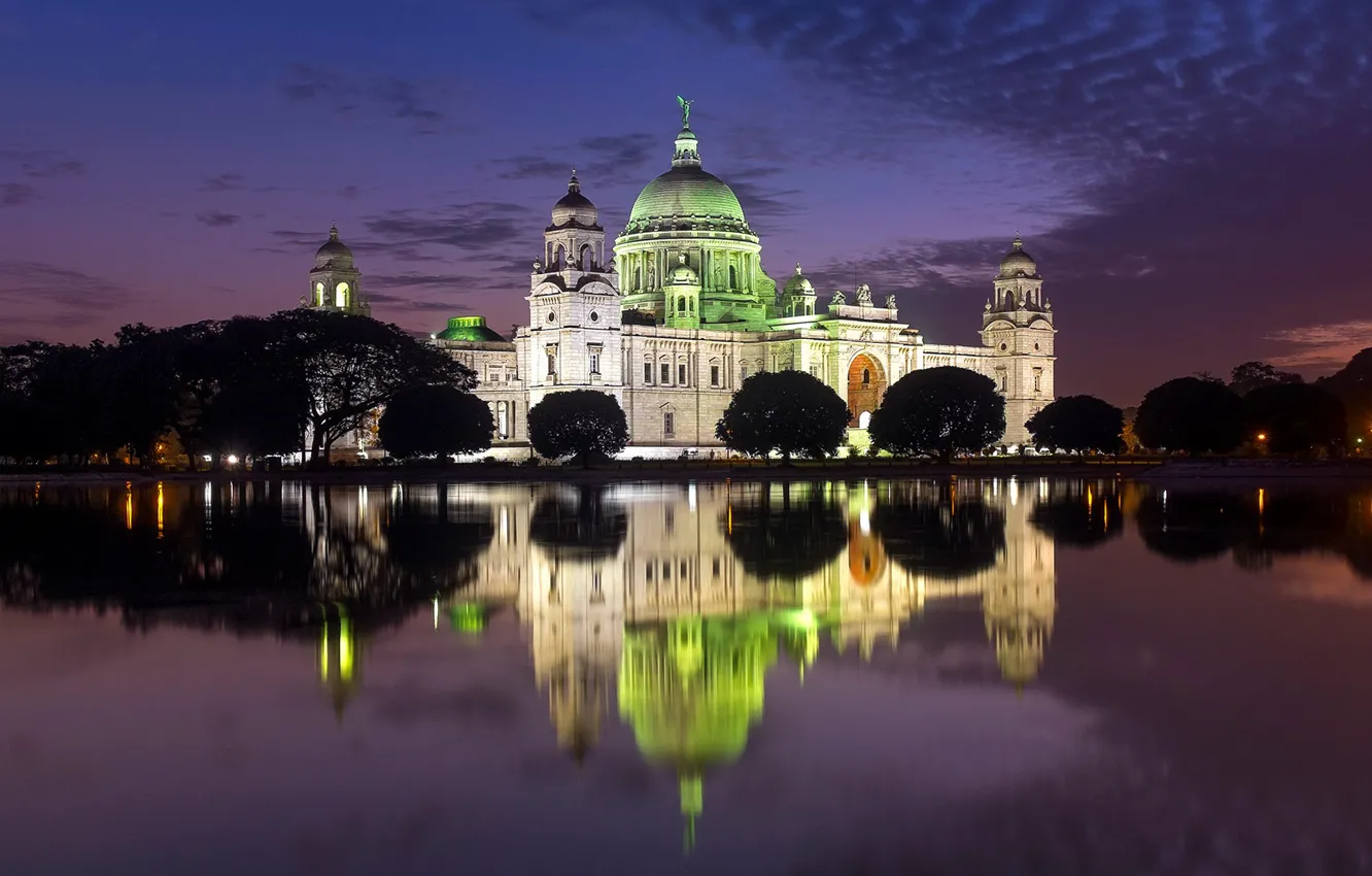 Photo wallpaper Kolkata, India, lights, reflection, night, Victoria Memorial
