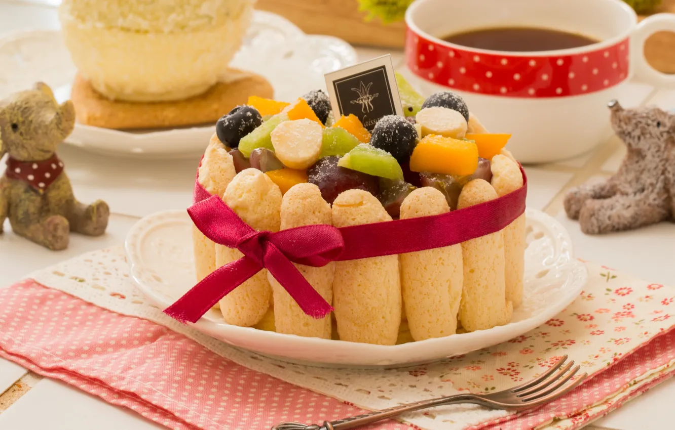Photo wallpaper tea, cake, fruit, Savoiardi
