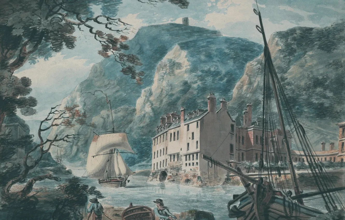 Photo wallpaper sea, landscape, mountains, ship, picture, watercolor, sail, William Turner