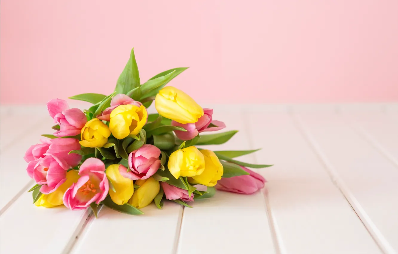 Photo wallpaper flowers, yellow, bouquet, spring, tulips, pink, fresh, yellow