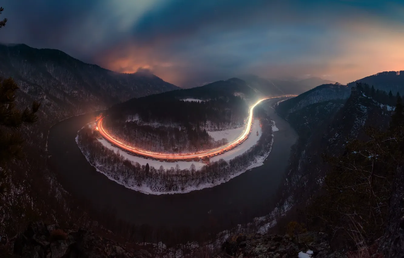 Photo wallpaper winter, road, light, night, river, the evening, excerpt