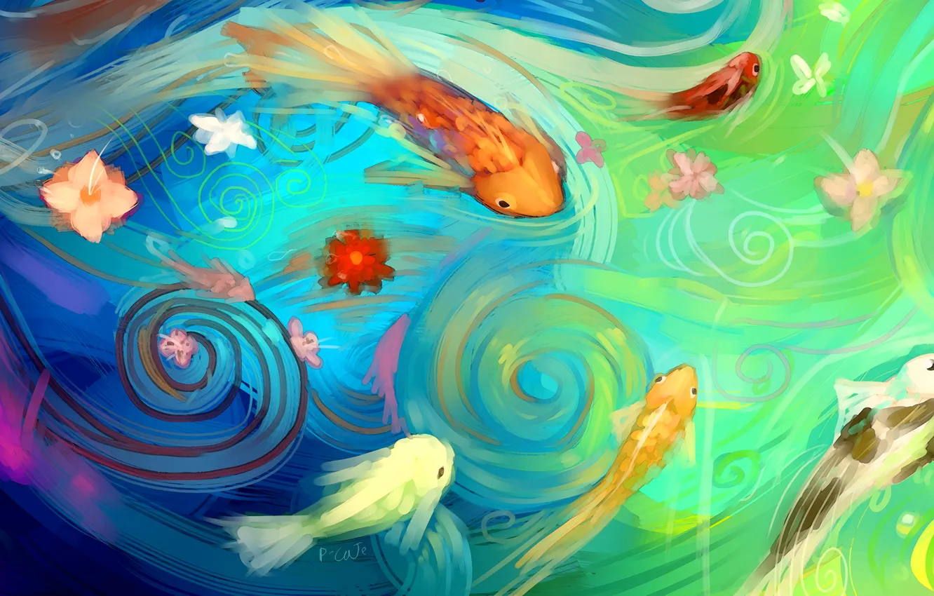 Photo wallpaper water, fish, fish, flowers, abstraction, art
