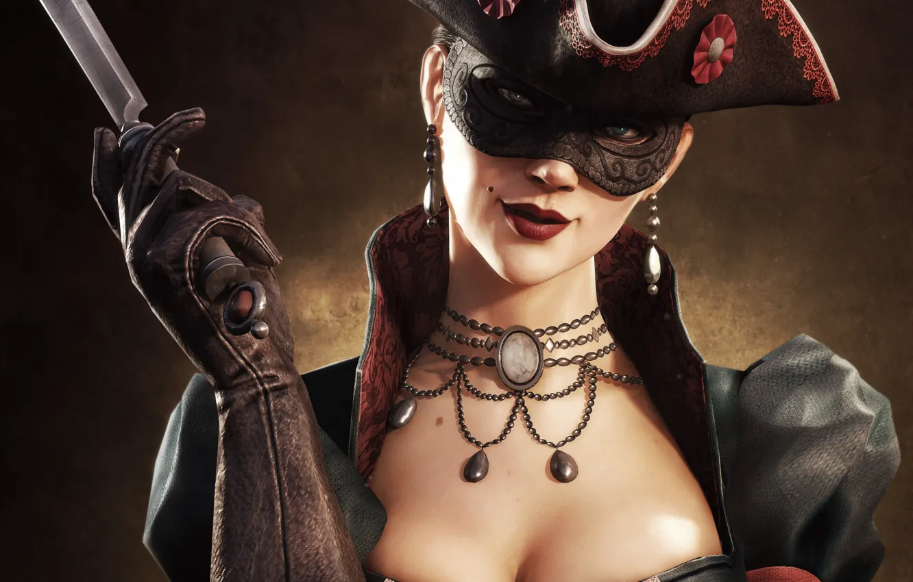 Photo wallpaper chest, look, girl, smile, hat, necklace, mask, lips