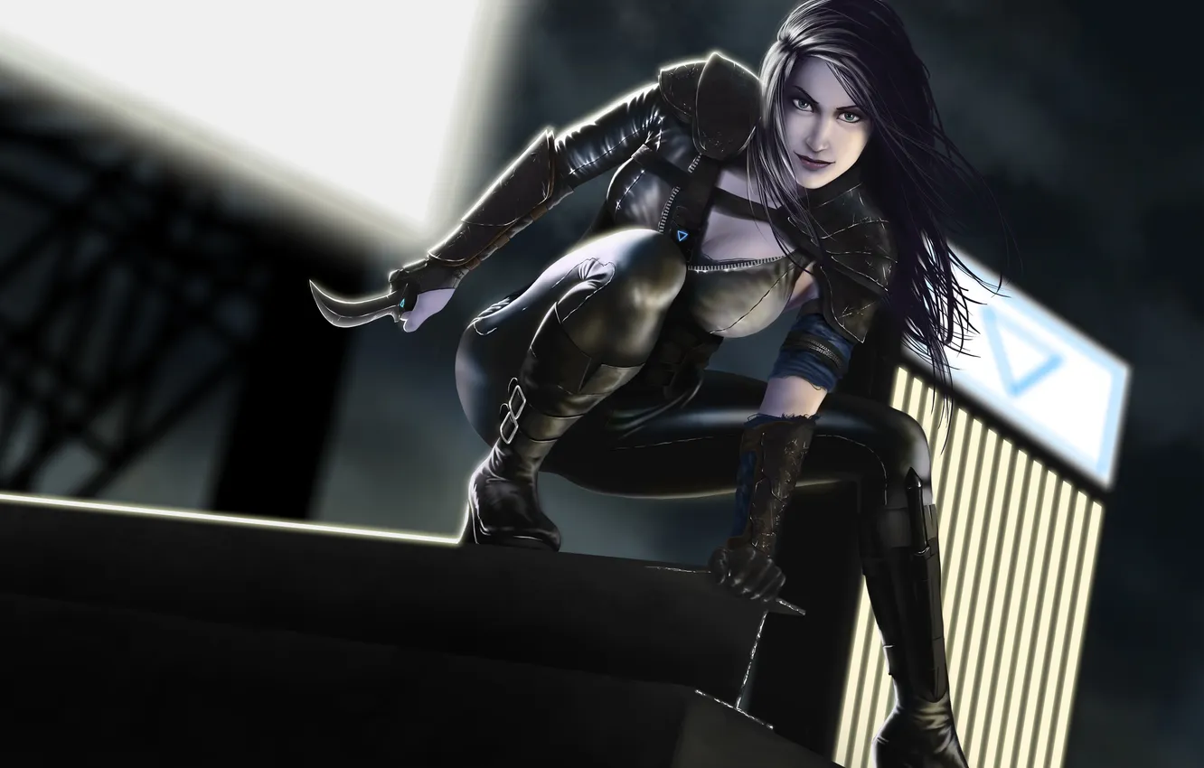 Photo wallpaper roof, look, girl, night, brunette, art, knife, killer