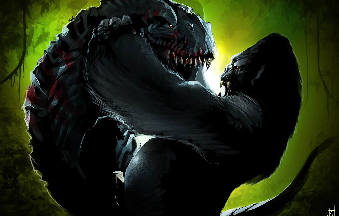 Photo wallpaper King Kong, dinosaur, fight, gorilla, art, by TheRisingSoul