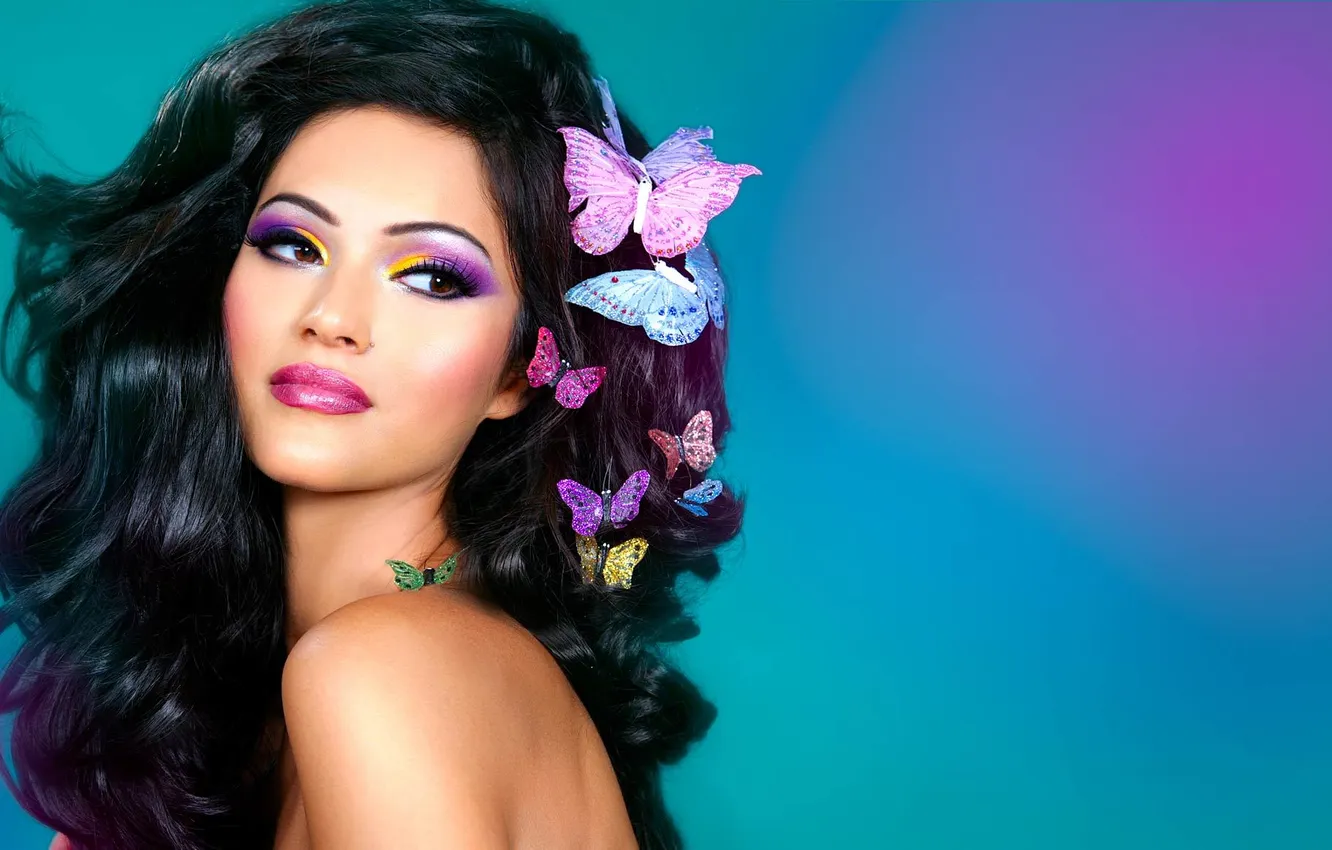 Photo wallpaper look, face, butterfly, makeup, barrette