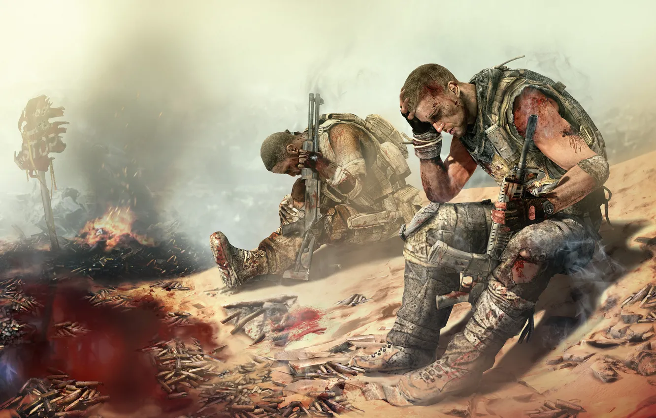 Photo wallpaper lights, weapons, each, desert, blood, smoke, soldiers, bullets