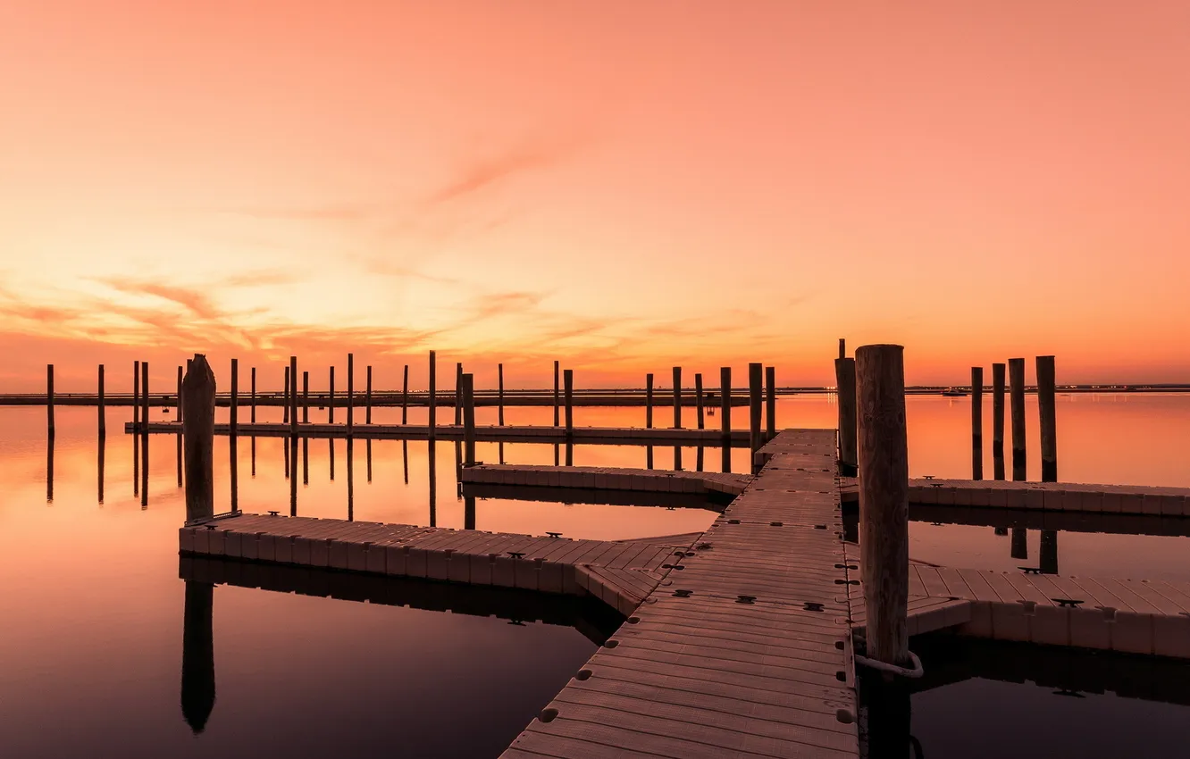 Photo wallpaper landscape, sunset, lake, pier