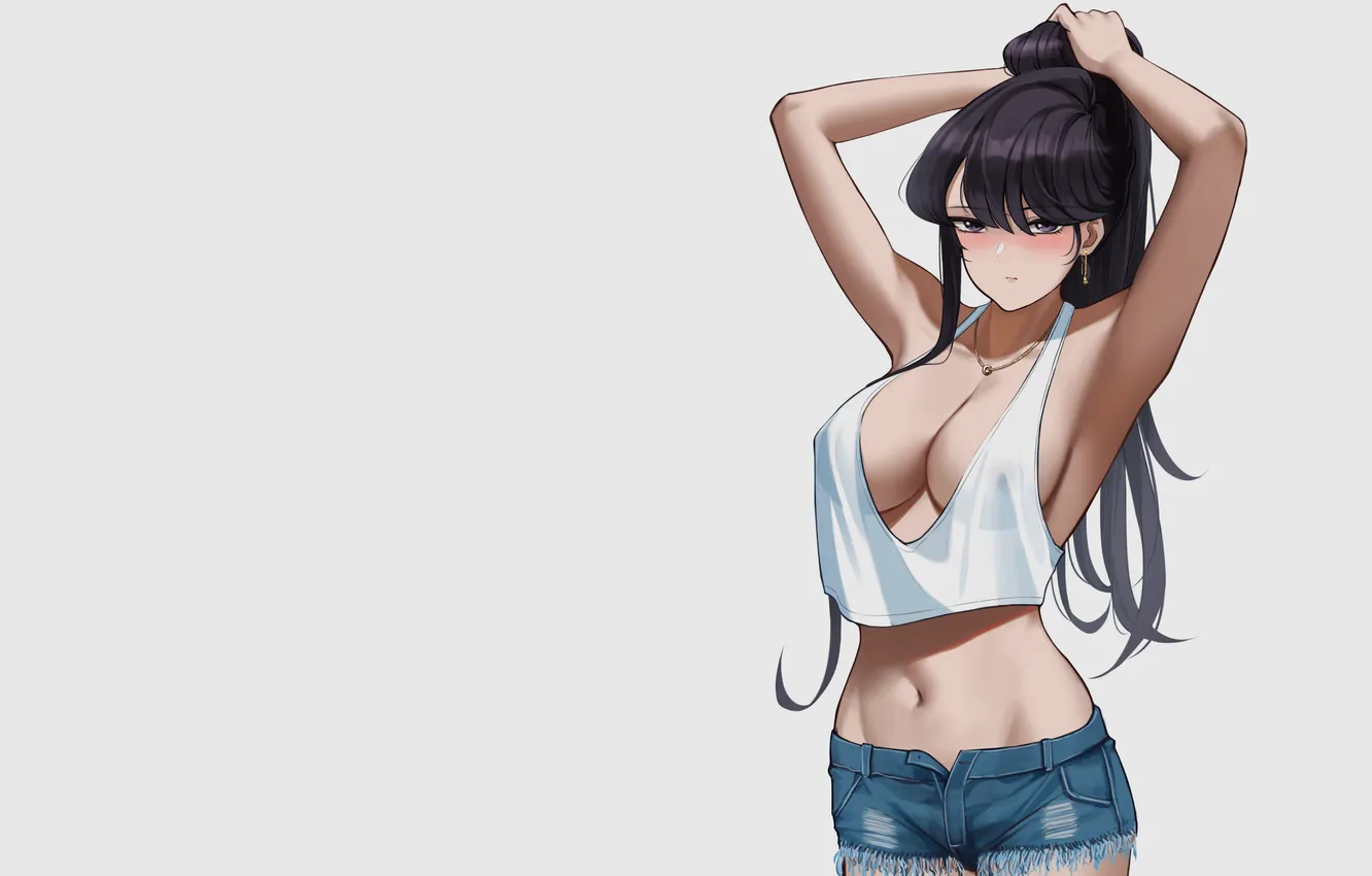 Photo wallpaper cleavage, tank top, hands on head, armpits, short shorts, arms up, nipple bulge, Komi-san wa