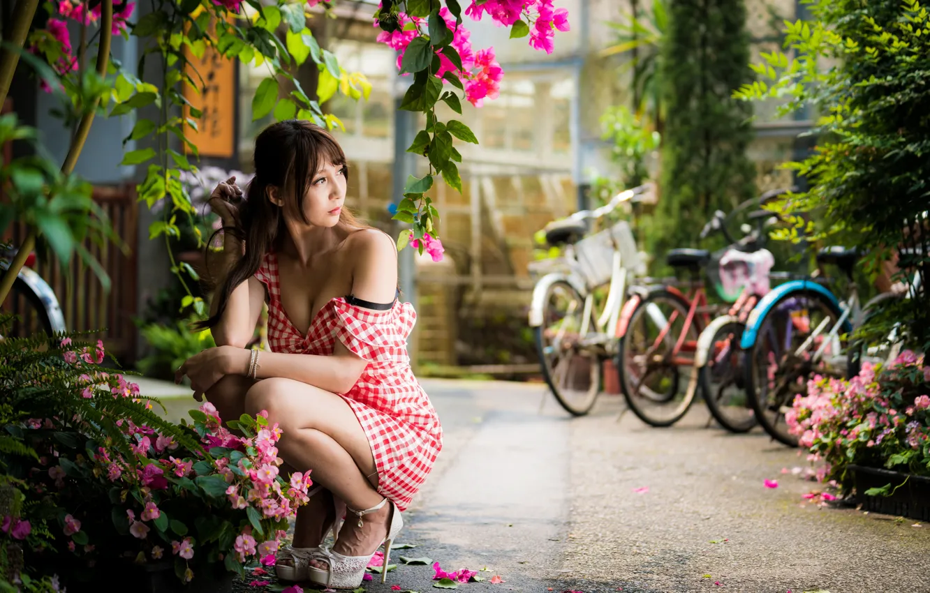 Photo wallpaper girl, branches, pose, Asian, flowers, bikes, bokeh