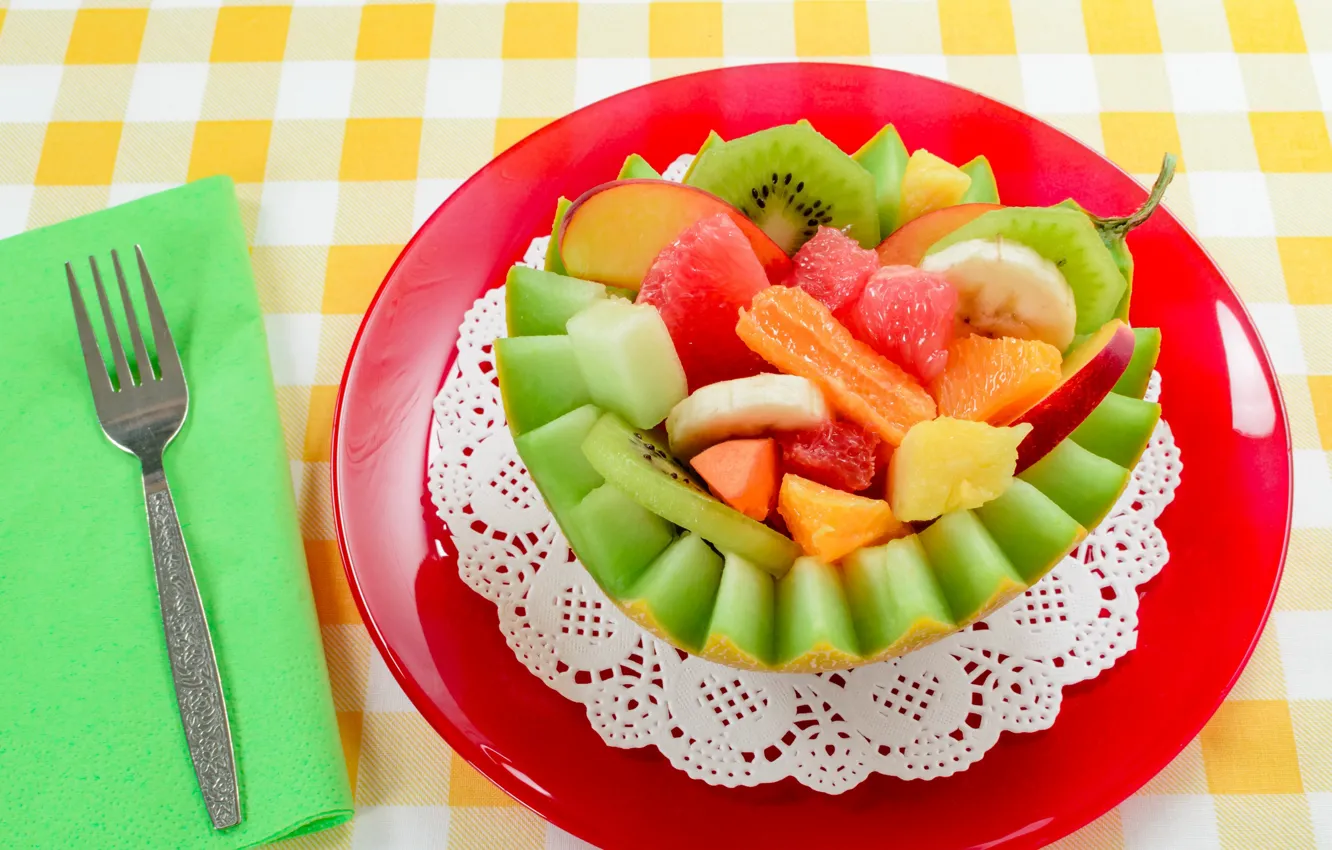 Photo wallpaper apples, kiwi, bananas, plug, melon, fruit salad