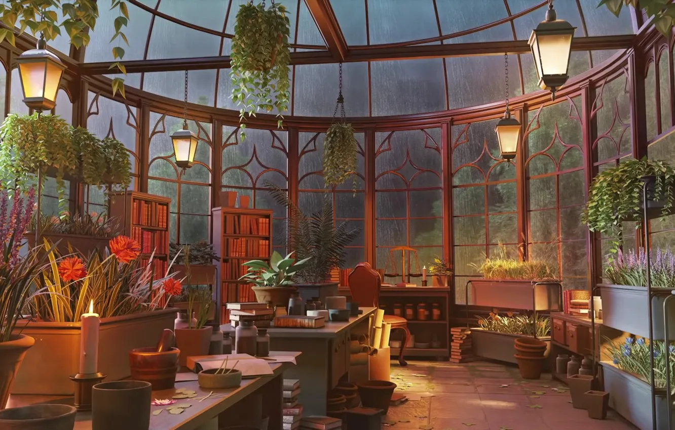 Photo wallpaper lights, glass, rain, garden, interior