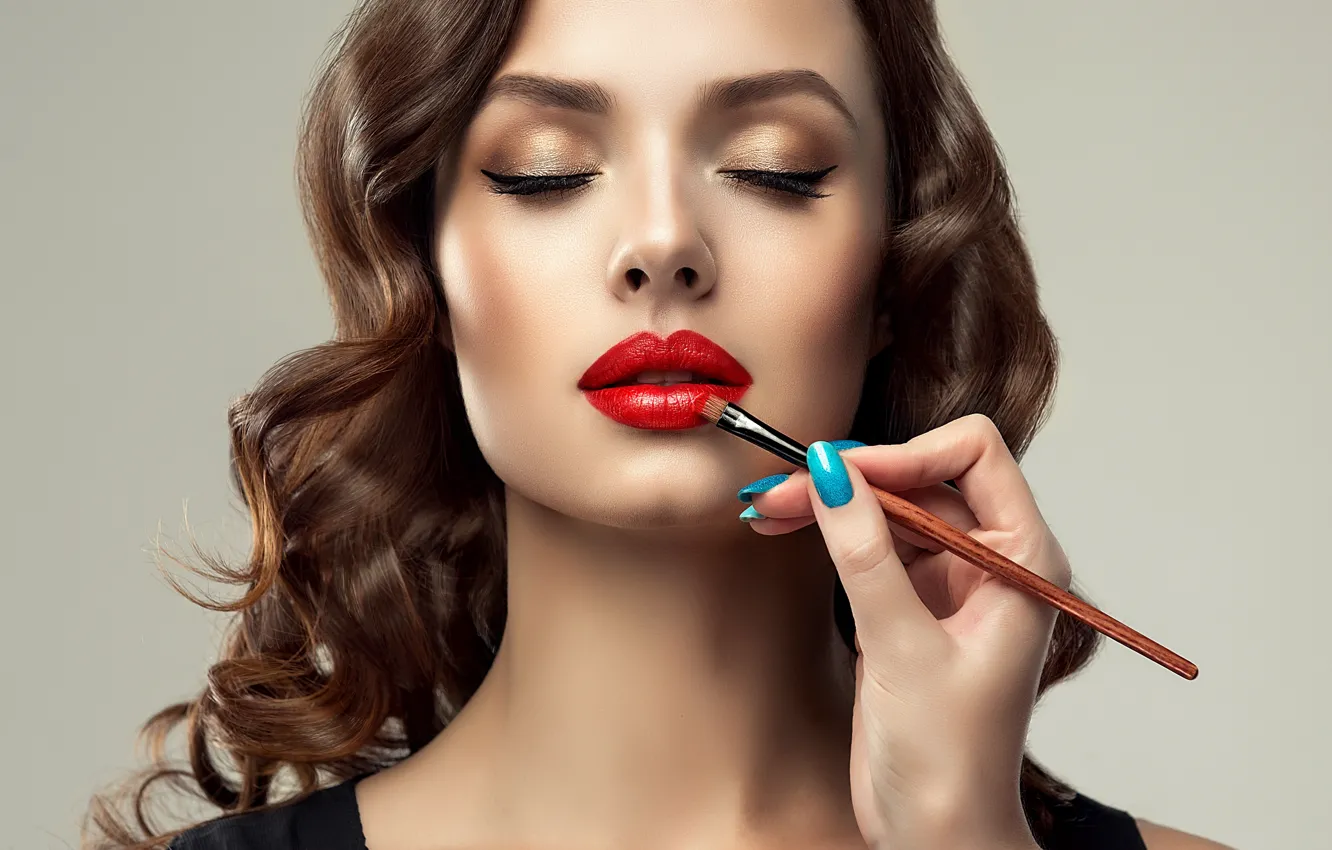 Photo wallpaper girl, red, face, makeup, lipstick, lips, lipstick, Sofia Zhuravets'