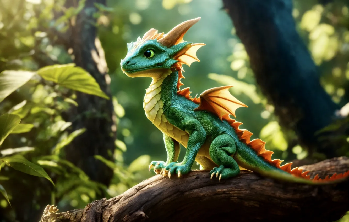 Photo wallpaper forest, leaves, light, green, dragon, log, cub, face