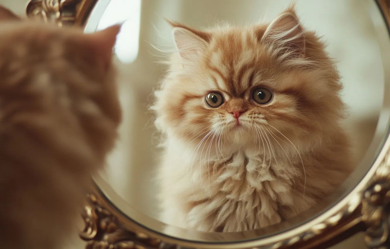 Photo wallpaper cat, look, pose, reflection, portrait, mirror, red, kitty