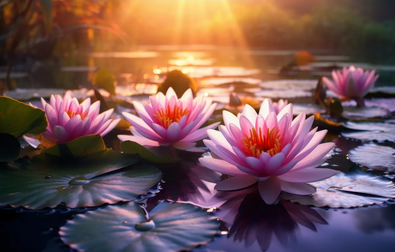 Photo wallpaper leaves, rays, light, flowers, Lily, pink, water lilies, pond