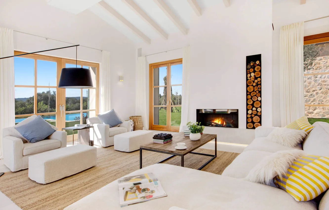 Photo wallpaper design, style, interior, fireplace, living room, Mallorca, Santa María Home, by CSV Empresa Constructora