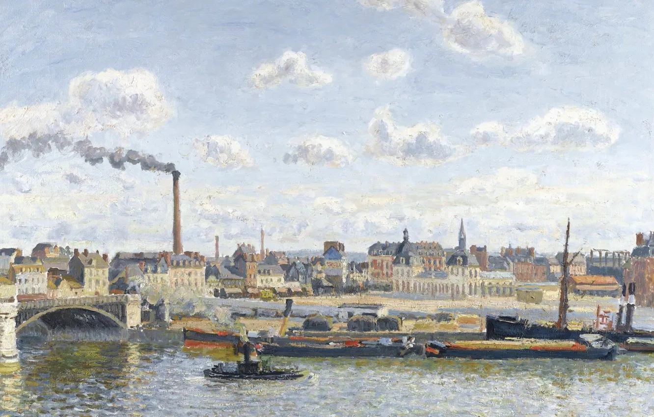 Photo wallpaper picture, Sunny day, the urban landscape, Camille Pissarro, The boieldieu bridge and the Orleans Station. …