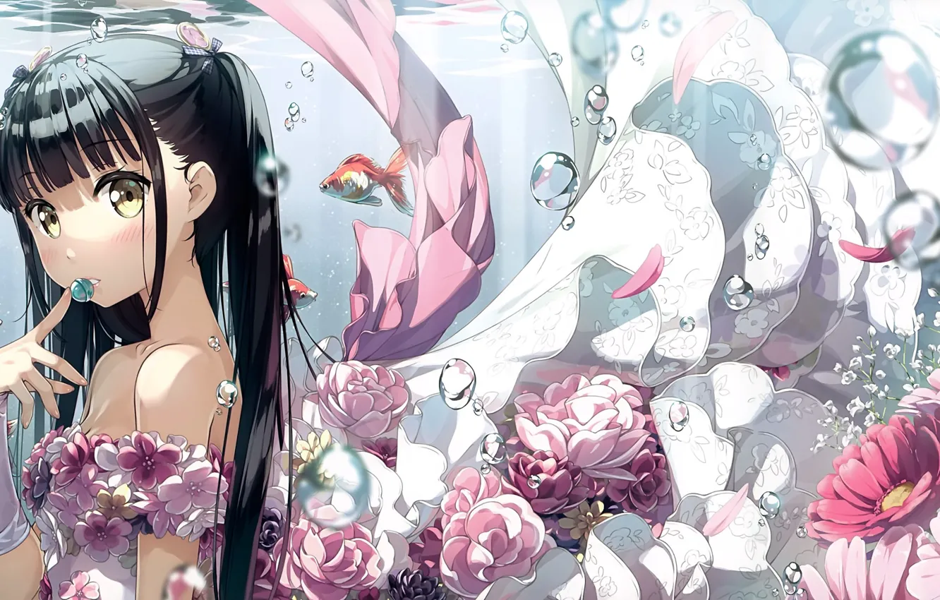 Photo wallpaper water, fish, flowers, anime, art, girl, kantoku