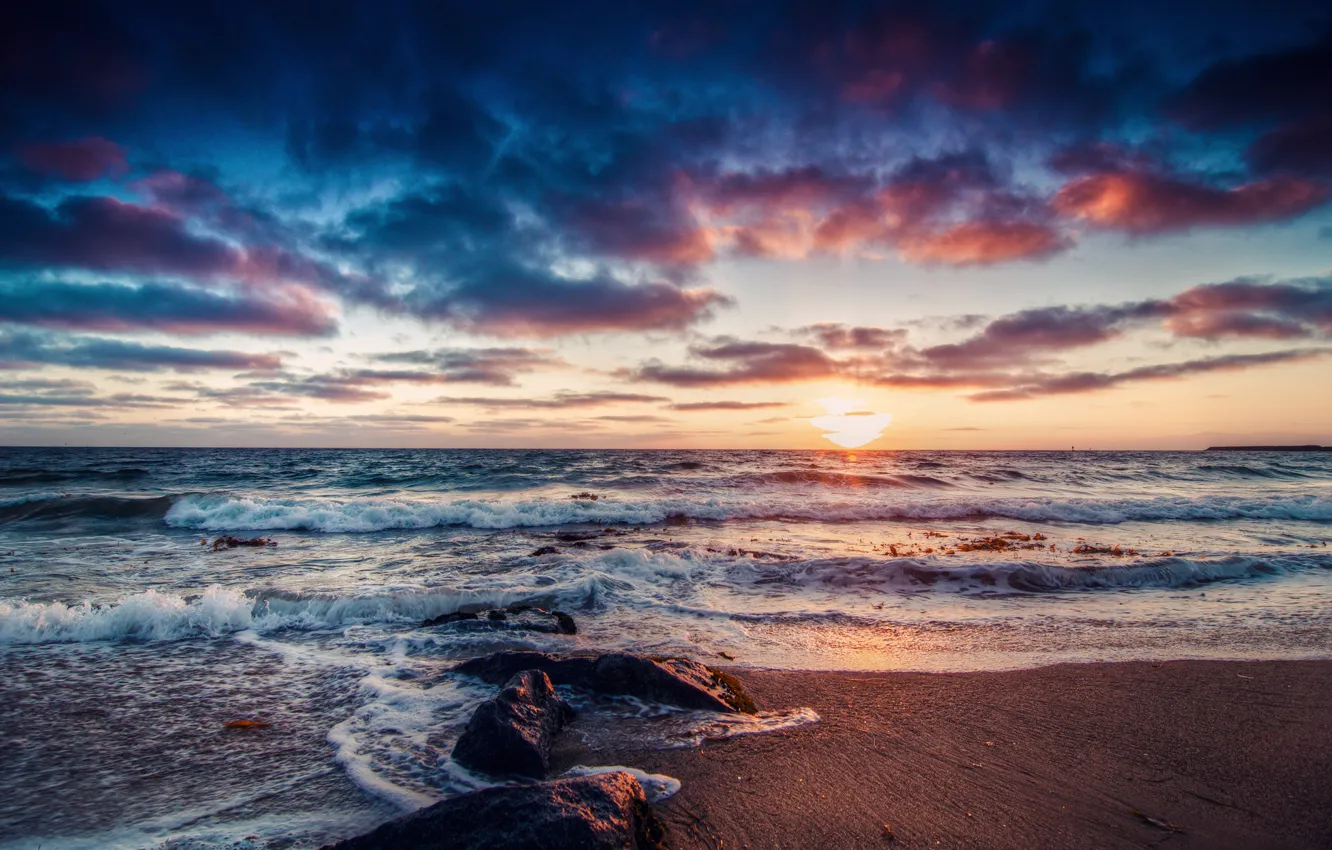Photo wallpaper sea, wave, beach, the sky, the sun, stones