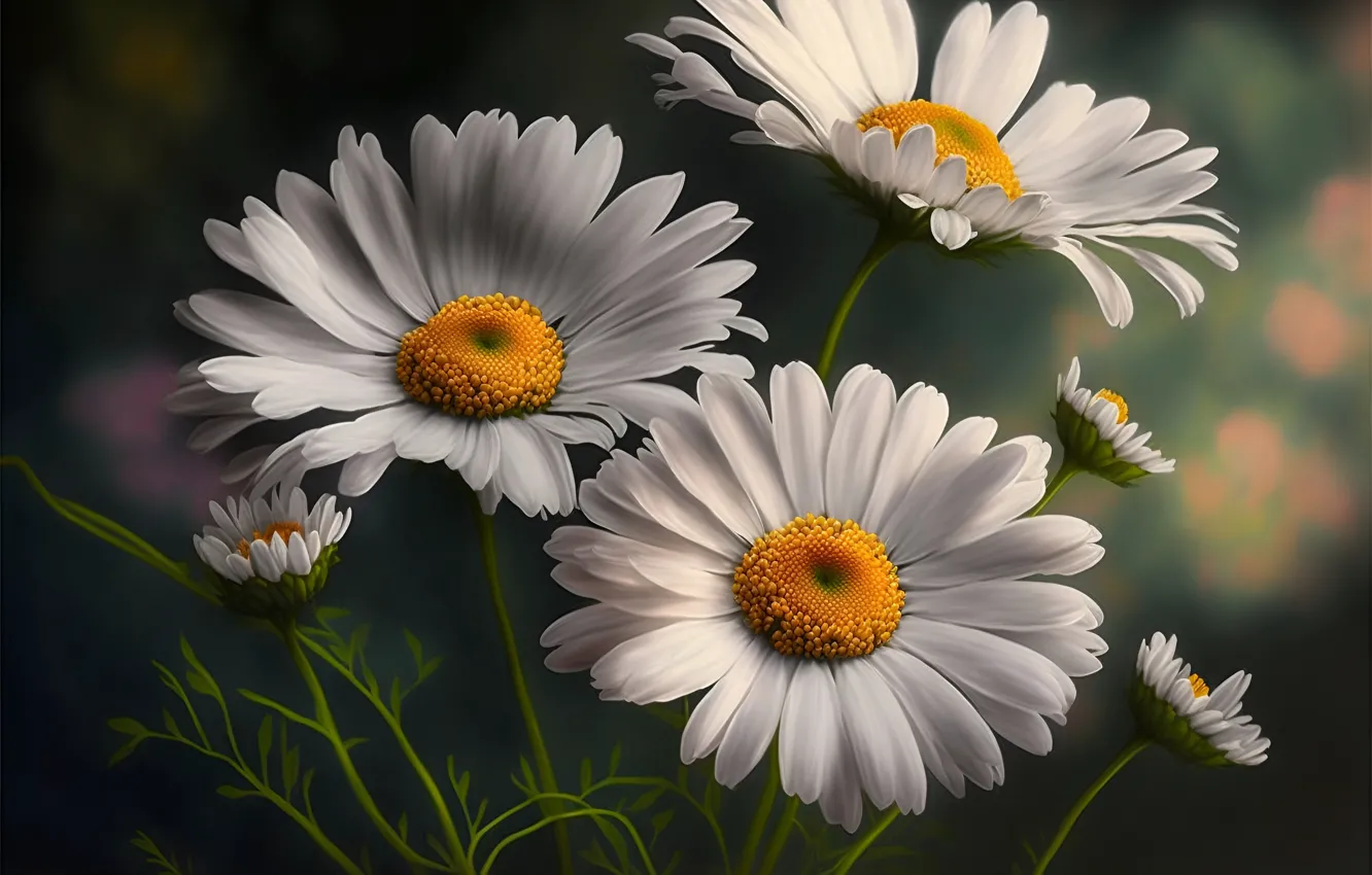 Photo wallpaper macro, flowers, graphics, chamomile, art, white, digital art, digital art