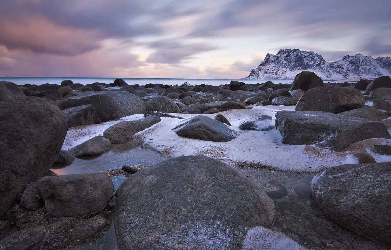 Photo wallpaper winter, snow, stones, rocks, shore, Norway, pond