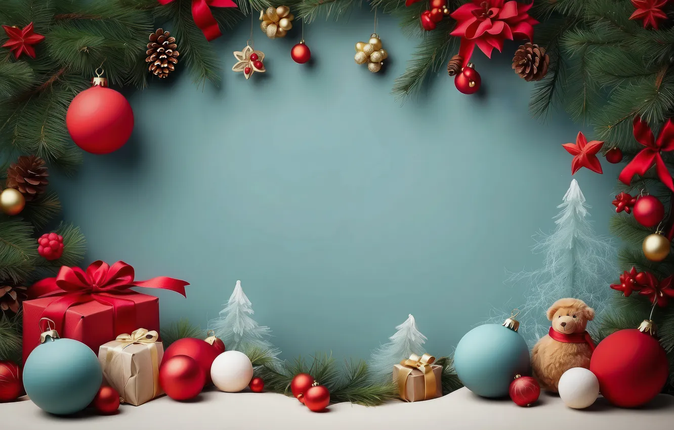 Photo wallpaper balls, branches, box, gift, new year, needles