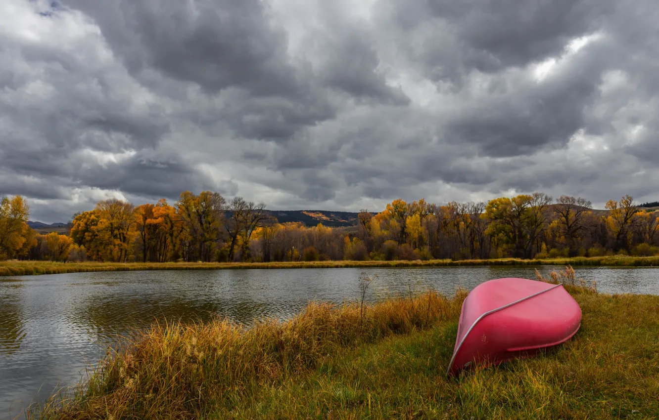 Photo wallpaper autumn, the sky, clouds, clouds, overcast, hills, shore, boat