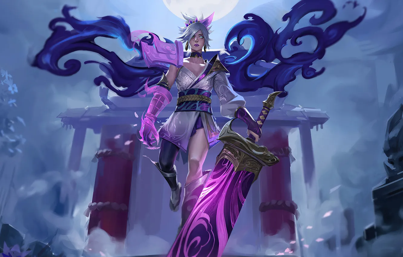 Photo wallpaper the game, sword, armor, arch, haze, game, structure, League of Legends