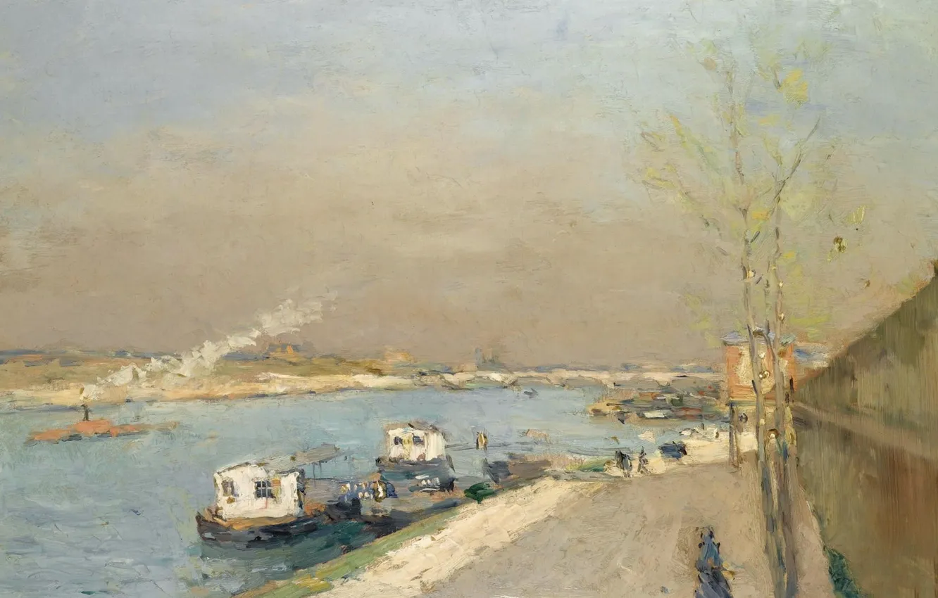 Photo wallpaper landscape, river, ship, picture, Albert Charles Lebar, Albert Lebourg, The Banks Of The Seine. Spring …