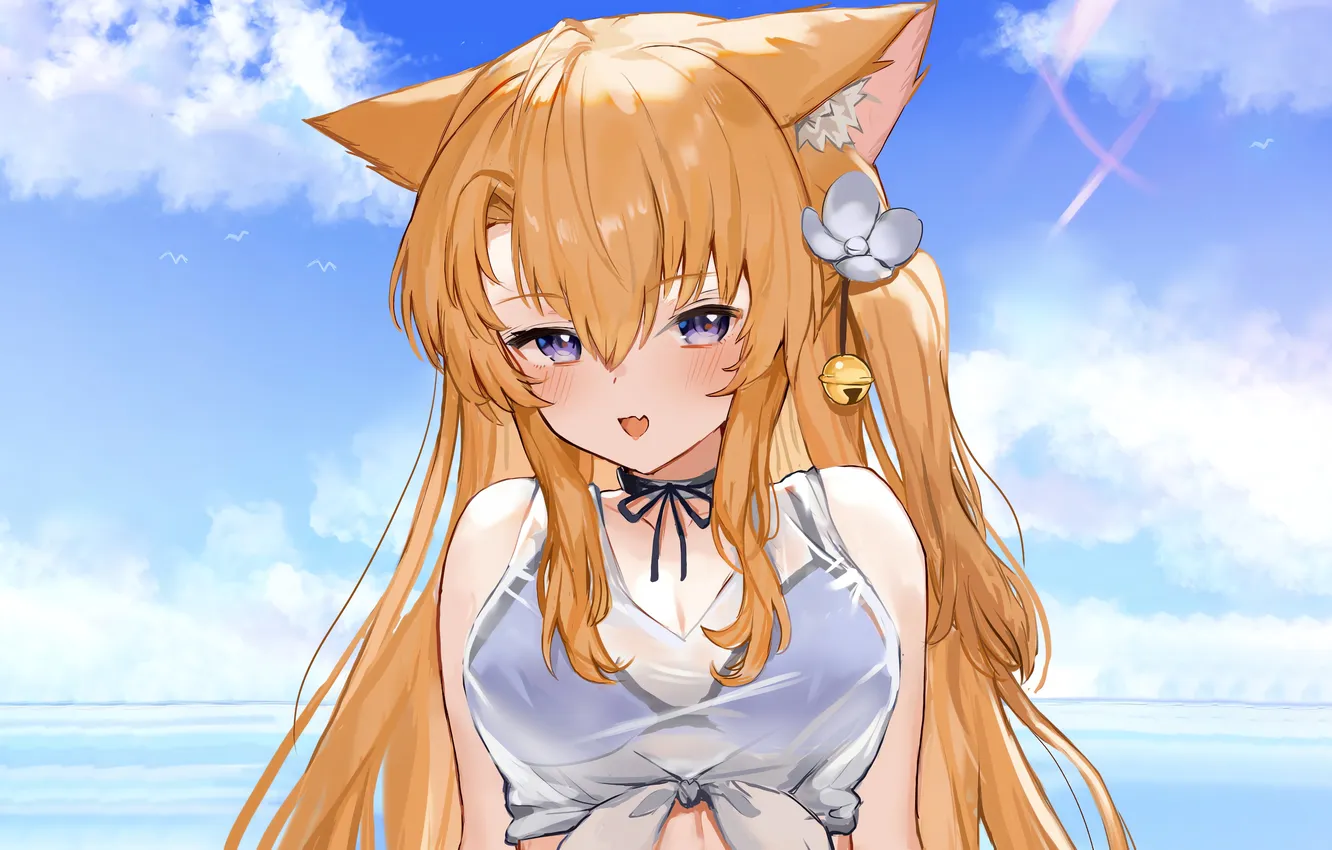 Photo wallpaper girl, sexy, beach, long hair, sea, boobs, animal ears, anime