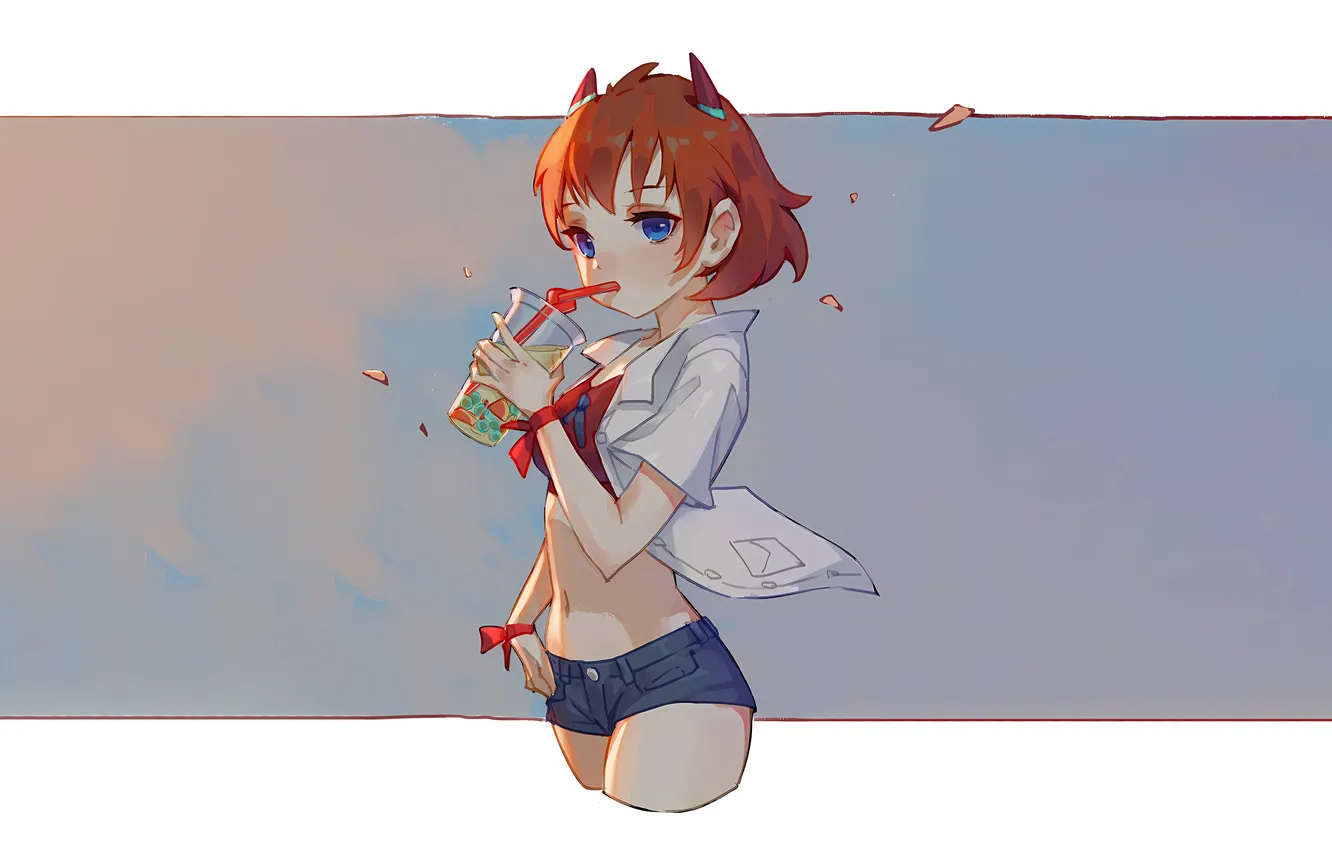 Photo wallpaper girl, sexy, shorts, horns, red hair, anime, blue eyes, beautiful