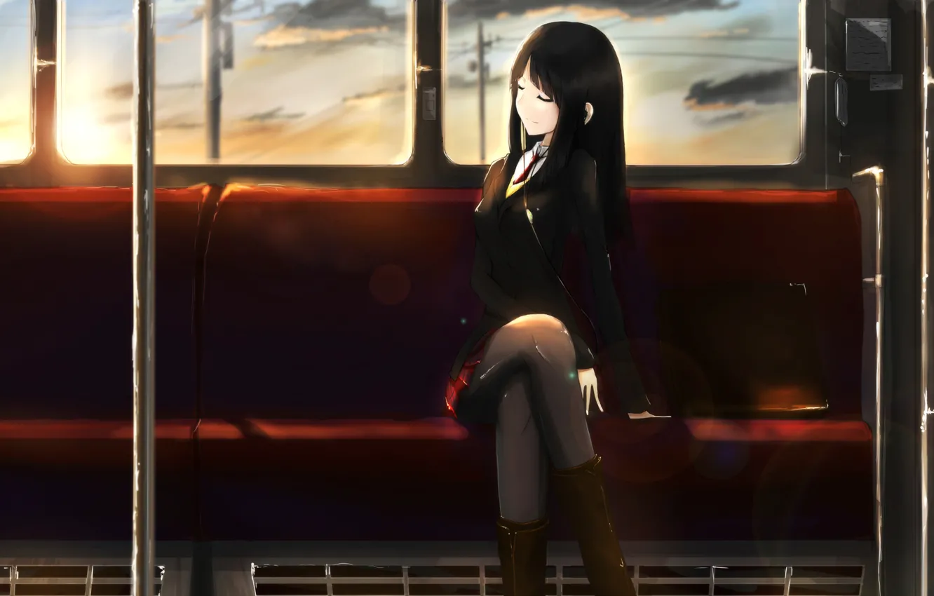 Photo wallpaper girl, sunset, smile, music, train, headphones, the car, sitting