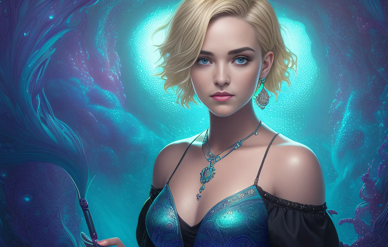 Photo wallpaper Aqua, blue eyes, women, blonde, necklace, looking at viewer, AI Art