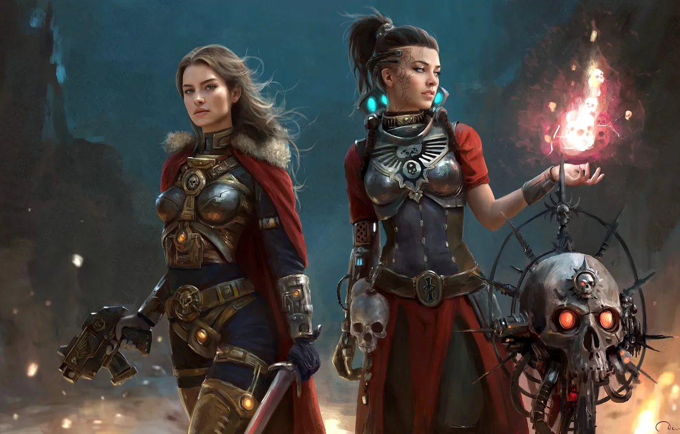 Photo wallpaper sake, girl, gun, fantasy, magic, armor, weapon, girls