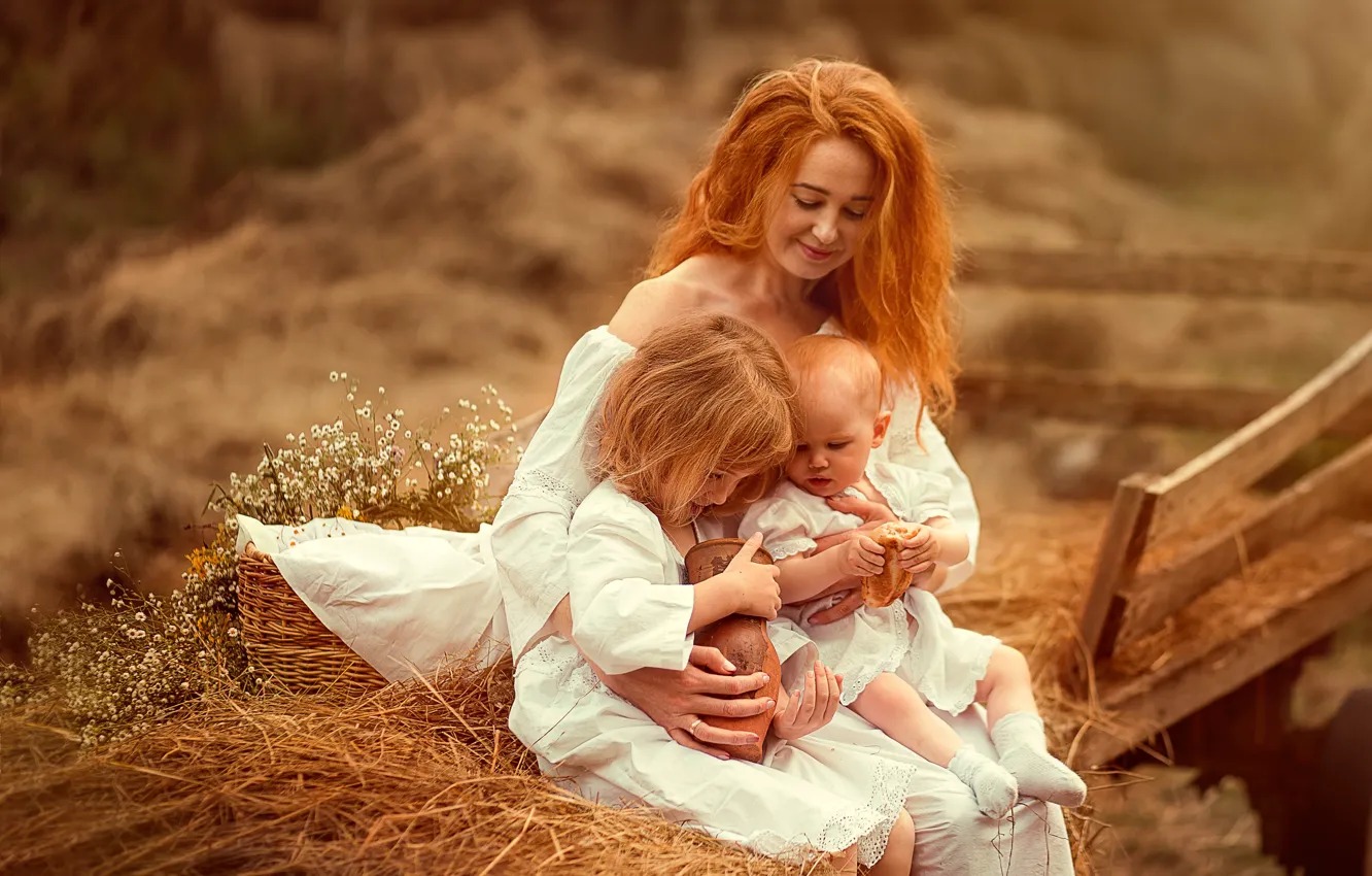 Photo wallpaper grass, nature, children, basket, woman, people, hay, mom