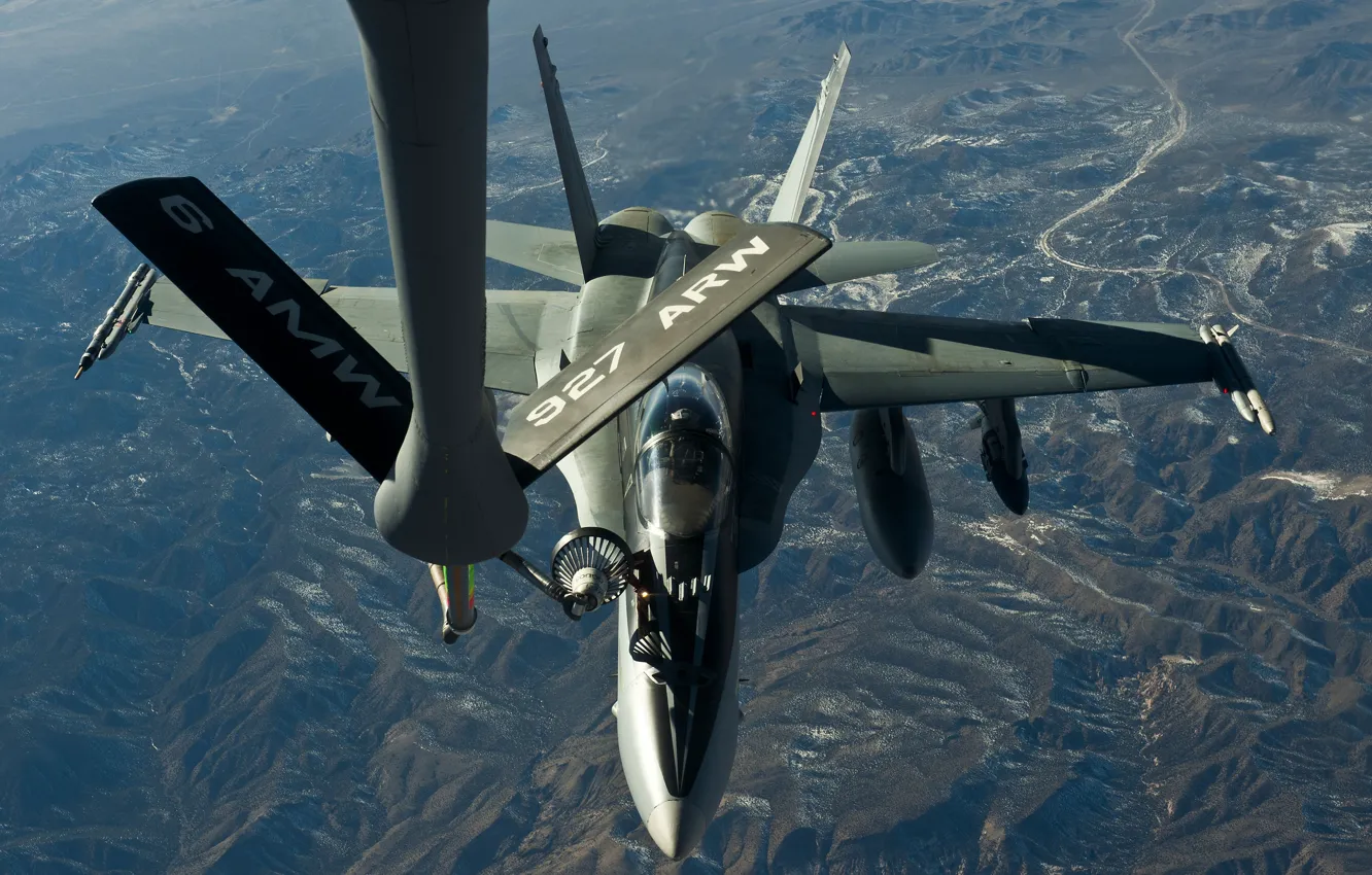 Photo wallpaper flight, landscape, mountains, Las Vegas, refueling, Hornet, KC-135 Stratotanker, FA-18