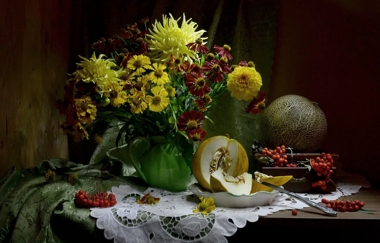 Photo wallpaper autumn, flowers, Rowan, September, melon, dahlias, gelenium, still life photo