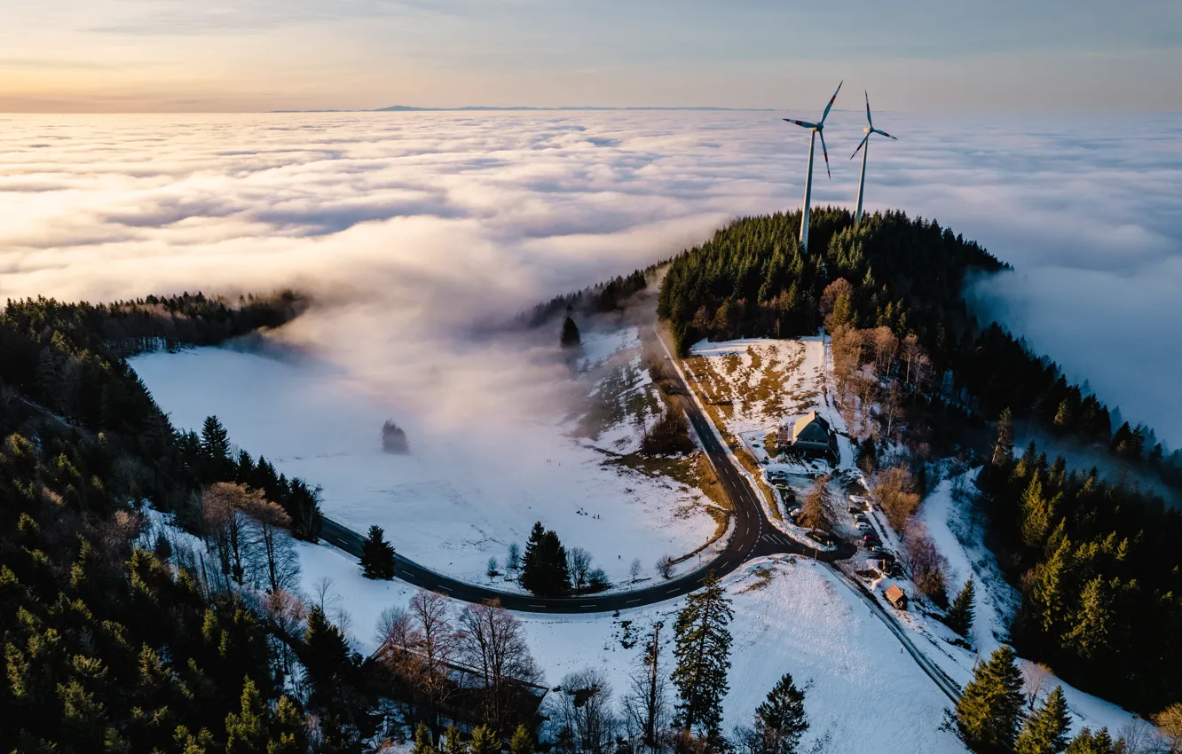 Photo wallpaper winter, road, forest, clouds, snow, landscape, mountains, nature