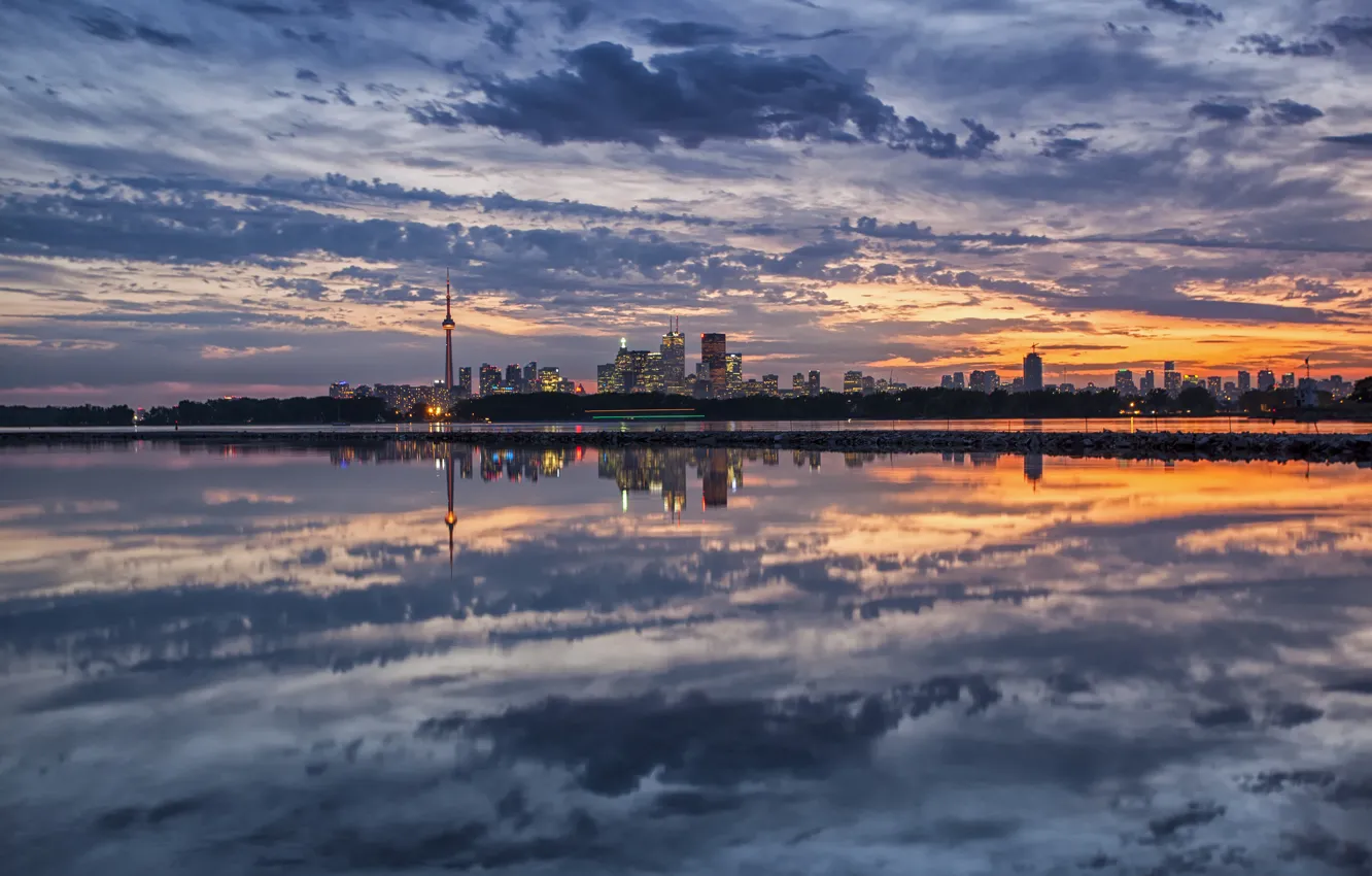 Photo wallpaper sea, the sky, clouds, sunset, the city, Canada, Toronto
