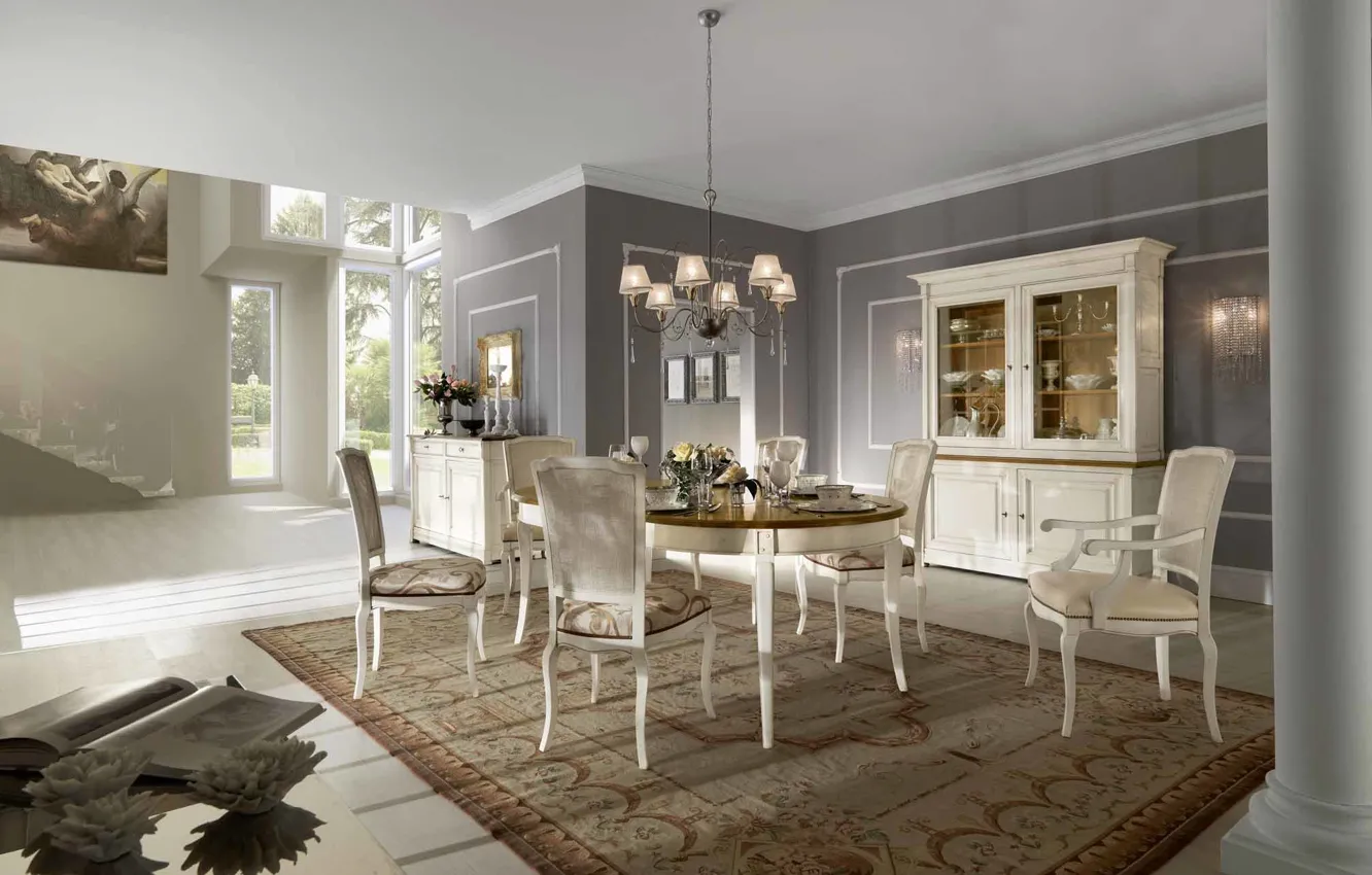 Photo wallpaper design, table, room, interior, picture, chair, chandelier, dining room